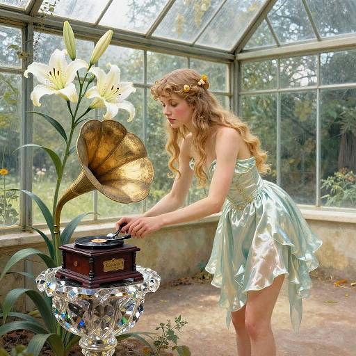 Photograph of a blonde woman in a silver, strapless dress, adjusting a vintage phonograph on a crystal stand beside white lilies, in a