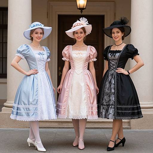 Photograph of three women in vintage dresses; left in light blue, center in pink, right in black, each wearing a hat, standing before a