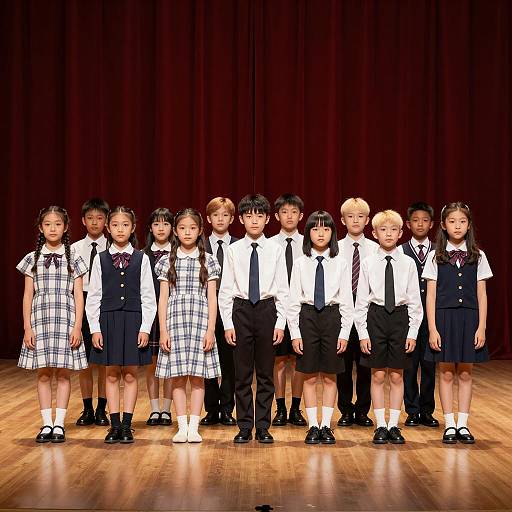 Diverse Children on Stage with Red Curtain