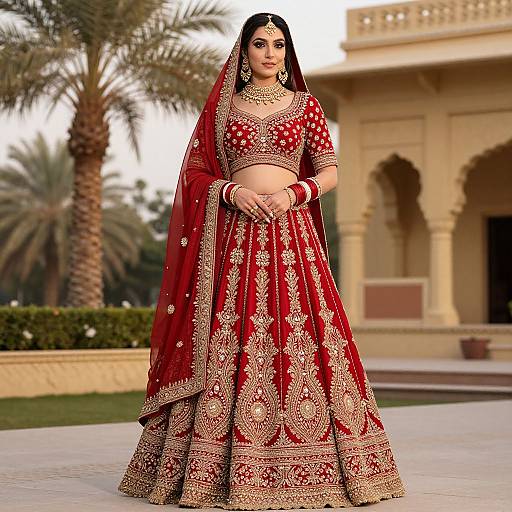 Photograph of a South Asian woman in a red and gold traditional bridal lehenga, standing outdoors in front of a beige palace with palm trees.
