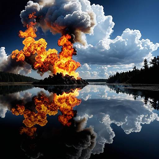 Fire and Smoke Reflection on Lake