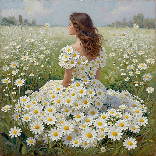 Photorealistic painting of a woman with wavy brown hair, wearing a white daisy-filled dress, standing in a vast field of white dais