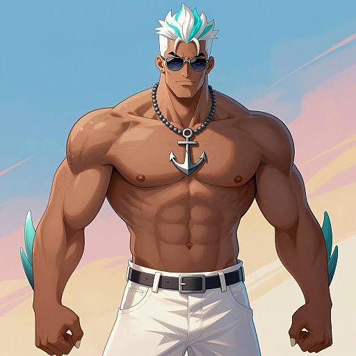 Muscular Fish Character with Vibrant Background