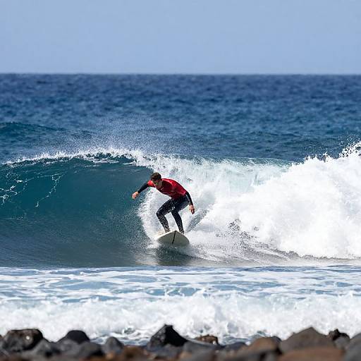 Photograph of a surfer in a red wetsuit riding a blue ocean wave, with white foam and clear sky in the background.