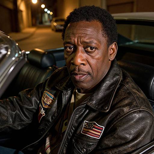 Photograph of a serious Black man with short curly hair, wearing a black leather jacket with American flag and patch, sitting in a car at night,