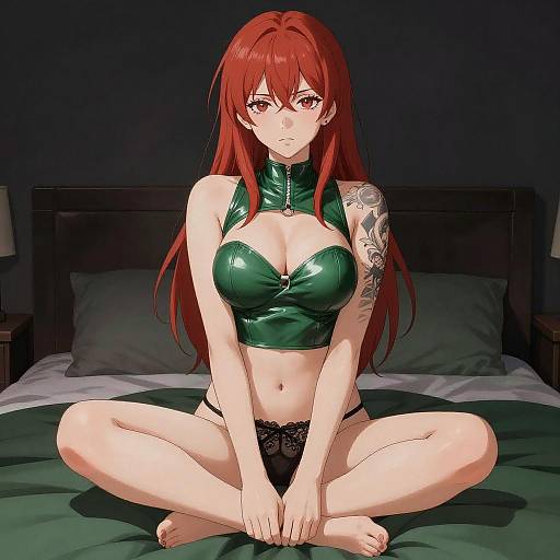 Red-Haired Anime Woman in Green Latex Top Sitting on Bed