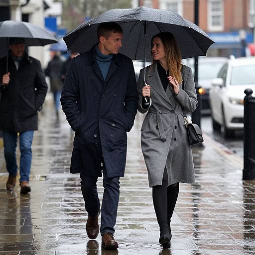 Photograph of a rainy city street, a couple in dark coats and boots sharing a black umbrella, walking hand in hand.