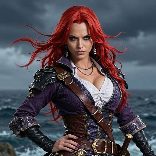 Digital illustration of a fierce, red-haired pirate woman with intense eyes, wearing a dark, ornate jacket and white shirt, against a stormy sea