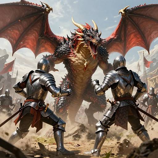 Digital fantasy art: Two armored knights face a massive, red-scaled, winged dragon with sharp horns and open mouth in a dusty battlefield.