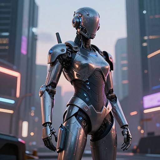 CGI image of a sleek, silver female humanoid robot with a glossy finish, standing in a futuristic cityscape with neon lights and skyscrapers at