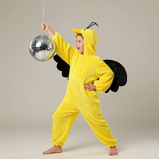 Photograph of a young child in a bright yellow, fluffy, duck-themed onesie with black wings, dancing with a silver disco ball.