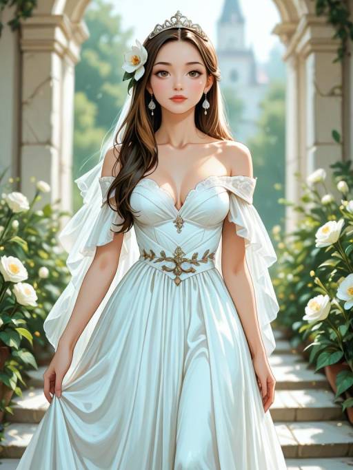 Elegant Girl in White Dress with Jewelry