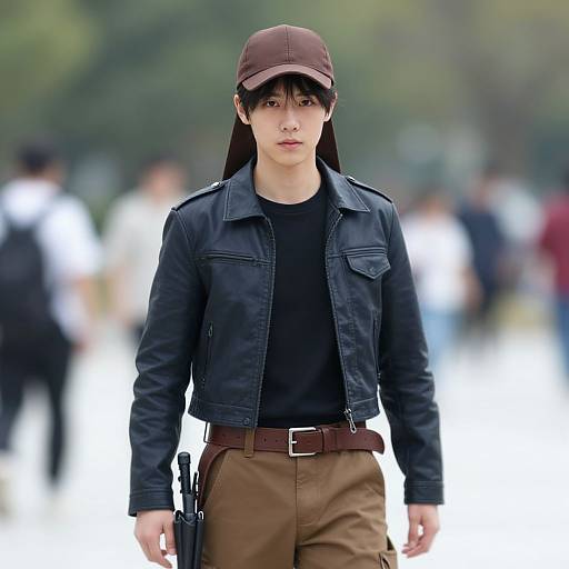 Photograph of an Asian male with straight black hair, wearing a brown cap, black leather jacket, black shirt, brown pants, and a brown belt