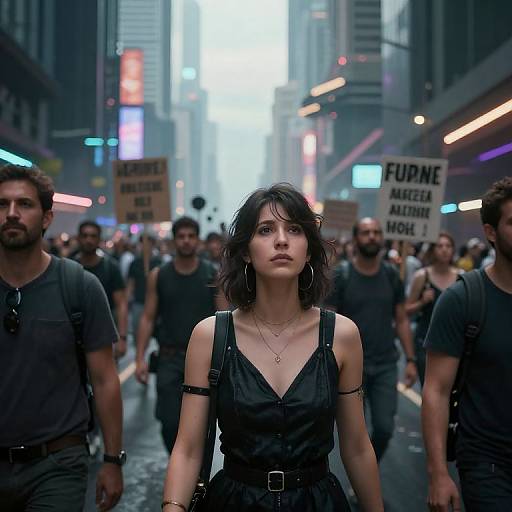 Photorealistic CGI of a determined woman with short black hair, wearing a black dress, leading a crowd of men in dark shirts through a neon-l