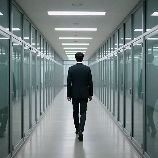 Photograph of a man in a black suit walking down a long, futuristic, glass-walled corridor with bright ceiling lights.