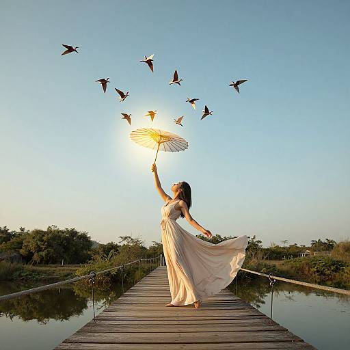 Photograph of a woman in a flowing white dress, holding a sun umbrella, reaching for flying birds on a wooden pier at sunset.
