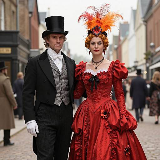 Photograph of Victorian-era couple: man in black top hat and pinstripe suit, woman in red gown with orange feathered hat, standing on