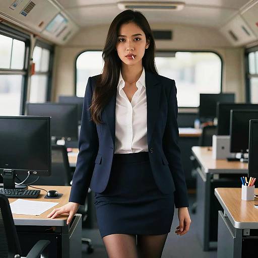 Photograph of an Asian woman with long black hair, wearing a black blazer, white shirt, and black skirt, standing in a modern office with