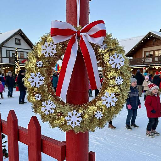 Photograph of a festive Christmas wreath with gold pine needles, white snowflakes, and a red-and-white ribbon, hanging on a red wooden