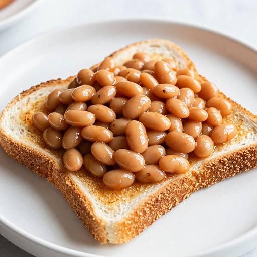 Photograph of a toasted slice of brown bread topped with glistening baked beans, placed on a white plate, with bright natural light highlighting the textures.