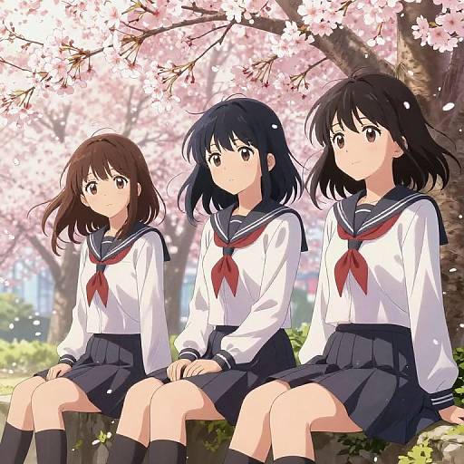 Digital anime-style drawing of three Japanese schoolgirls in white sailor uniforms and black skirts, sitting beneath cherry blossom trees.