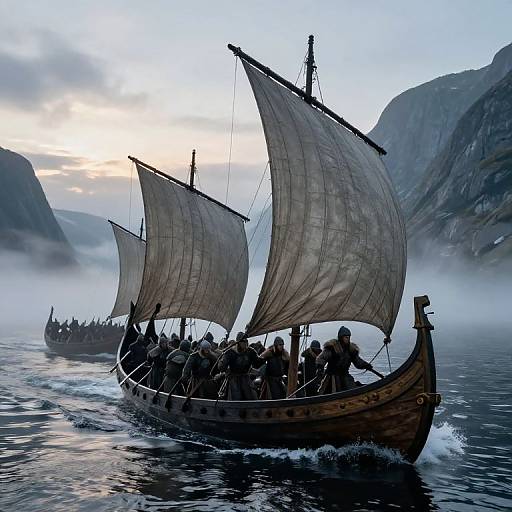 Photograph of Viking longships with billowing sails navigating through misty fjord, mountains in the background, and a cloudy twilight sky.
