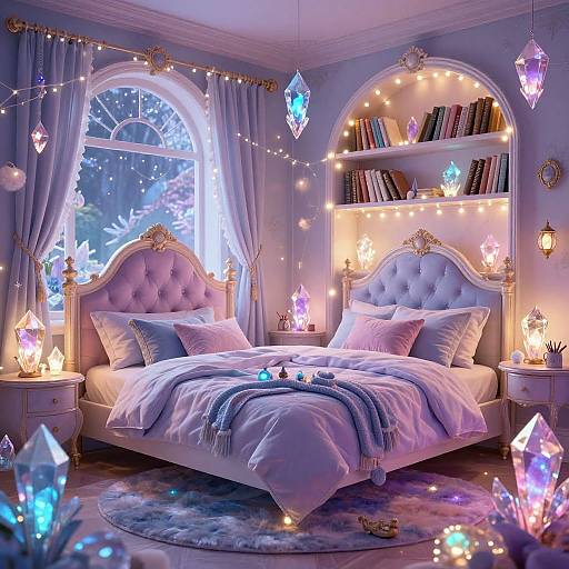 Dreamy, fairy-tale bedroom with purple and white hues, twin tufted beds, glowing crystal lights, string lights, bookshelf, and