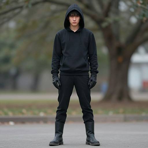 Photograph of a young man in a black hoodie, gloves, pants, and boots, standing in a park with a blurred tree background. Serious expression