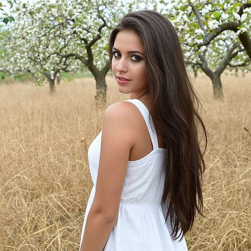 Photograph of a young woman with long dark hair, wearing a white sleeveless dress, standing in a field of dry grass with blossoming trees in