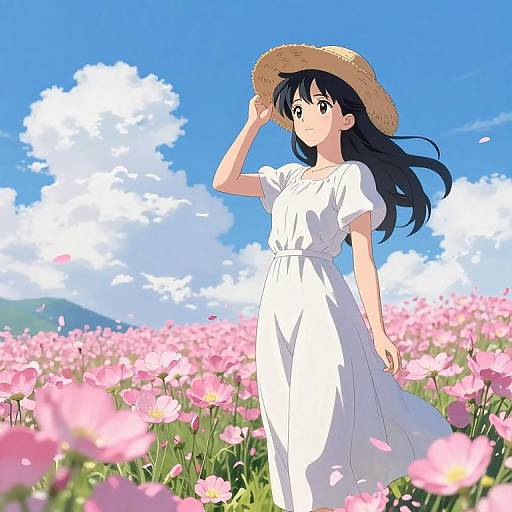 Anime-style digital artwork of a young woman with long black hair, wearing a white dress and straw hat, standing in a vibrant pink flower field under a