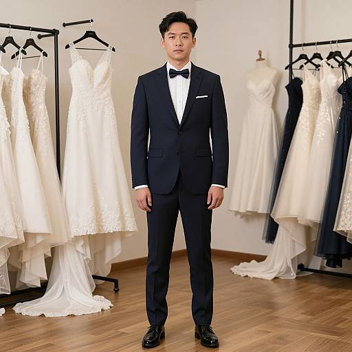 Photograph of an Asian man in a black tuxedo with white shirt and black bow tie, standing in a bridal shop with white wedding dresses on