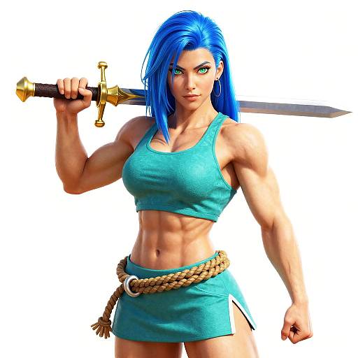 Blue-Haired Warrior Woman with Sword