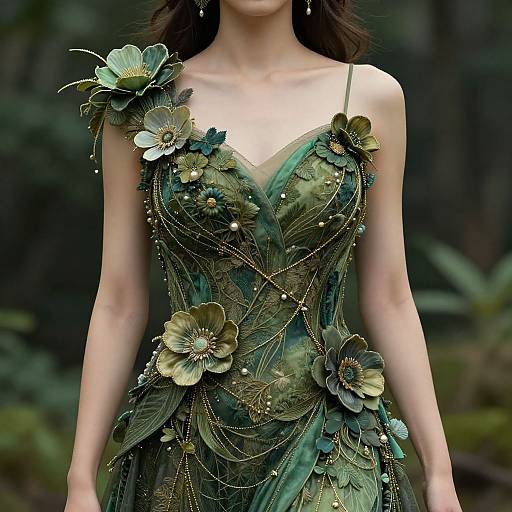 Photograph of a woman in an intricate, green, floral-themed evening gown with large, detailed flowers and gold chains, set against a blurred forest background