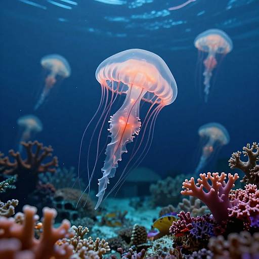 Photograph of glowing jellyfish with translucent, orange-lit bell and delicate, flowing tentacles, floating above vibrant coral reef in deep blue ocean.
