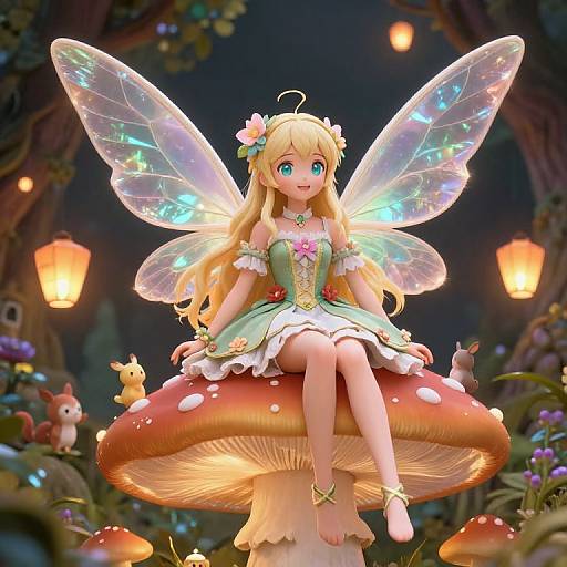 Digitally drawn fairy with glowing wings, blonde hair, green dress, sitting on a giant mushroom, surrounded by lanterns and whimsical forest creatures.
