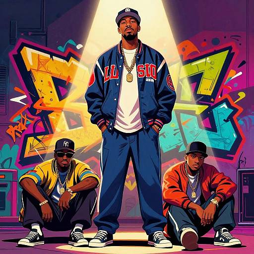 Digital art of three Black men in hip-hop attire, standing and crouching against vibrant graffiti backdrop, spotlight on central figure.