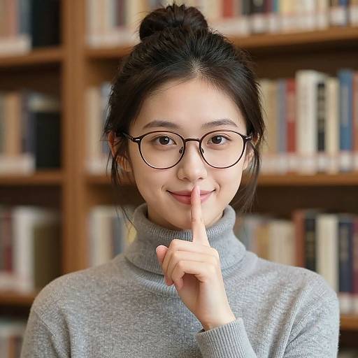Photograph of an Asian woman with glasses, dark hair in a bun, wearing a gray turtleneck, shushing with her finger. Background: