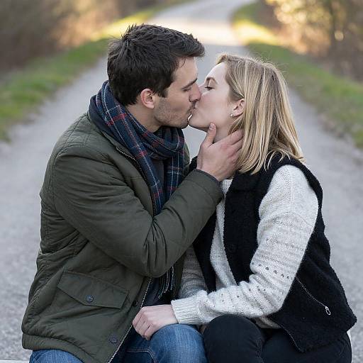 Sunlit Couple Kissing on Gravel Path
