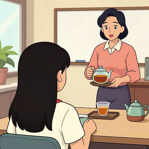 Digital illustration of a smiling female server with black hair in a pink sweater and blue apron, serving tea to a customer with black hair in a white