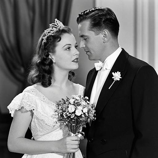 Black-and-white photograph of a 1940s-style bride and groom, gazing at each other, she in lace dress holding bouquet, he in