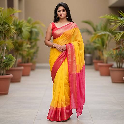 Woman in Traditional Yellow Pink Saree