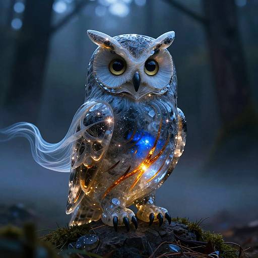Photograph of a glowing, intricate glass owl sculpture with LED lights, standing on moss in a dark, misty forest.