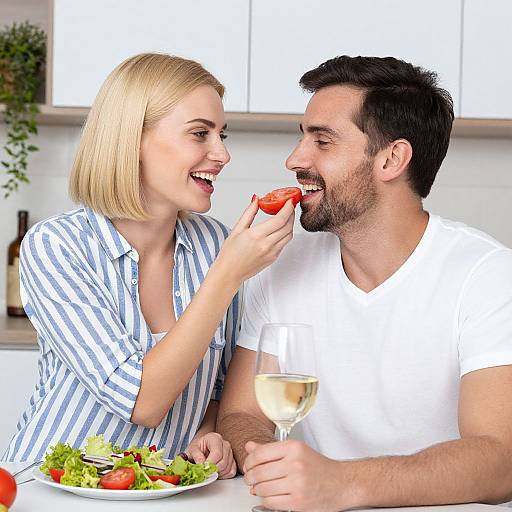 Photograph of a smiling blonde woman in a blue-striped shirt feeding a slice of tomato to a bearded man in a white tee, both holding wine
