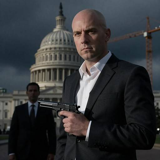 Intense Bald Man with Gun in Shadows