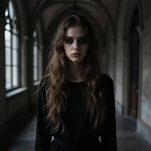 Photograph of a pale, somber young woman with long, wavy brown hair, wearing a black long-sleeve dress, standing in a