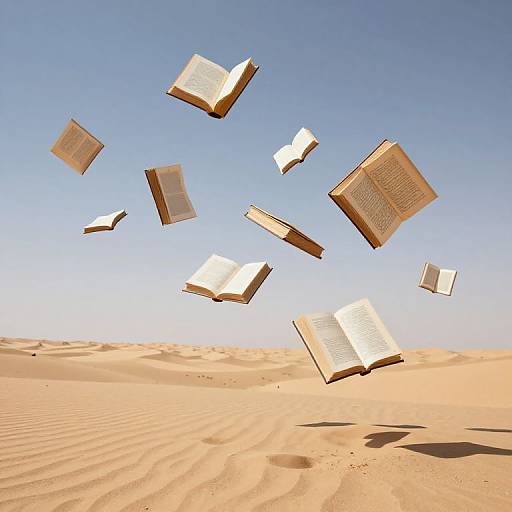Photograph of open books floating in a clear blue sky over a sandy desert with rippled sand dunes in the background.