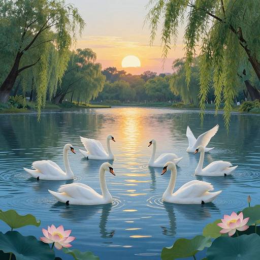 Photograph of eight elegant white swans gliding on a serene lake at sunset, surrounded by lily pads and weeping willow trees. Vibr