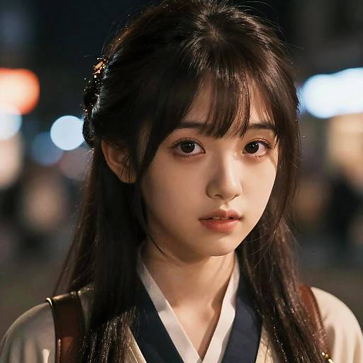 Photograph of a young Asian woman with long black hair, wearing a traditional Japanese kimono, illuminated by city lights at night.