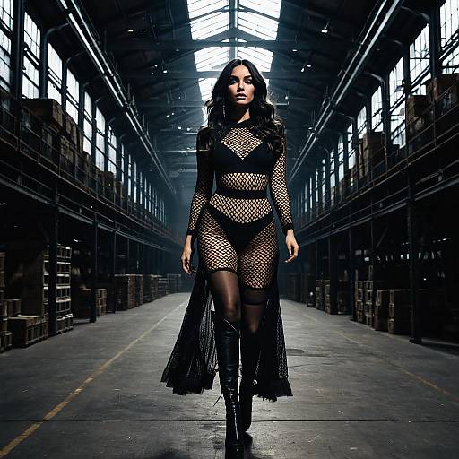 Woman in Sheer Fishnet Gothic Dress in Industrial Warehouse