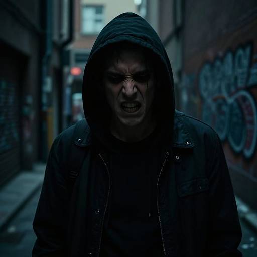 Photograph of a menacing, hooded man in dark clothing with an angry expression, standing in a dimly lit, graffiti-covered urban alleyway at
